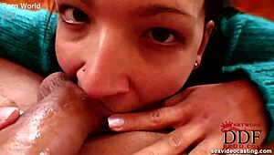 Sweet Sucking Deepthroat Blowjob on Small Tits Brunette Brown Eyes