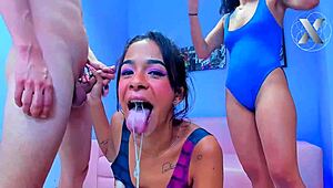 three devils tease and suck big cocks leaving them sloppy wet.