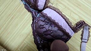 Cumshot lands on my step sister's pink leopard print bra and black lingerie