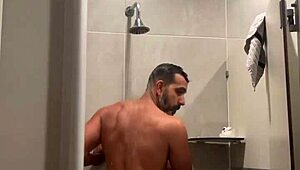 Gym shower time with red thong leads to steamy bathing fun! 🚿