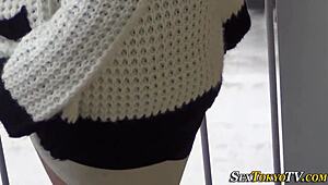 asian teen 18+ sneaks away to rub herself in public spot