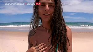 at a nudist beach in paraiba, alemaohub captures a teen brunette giving a sensual outdoor blowjob
