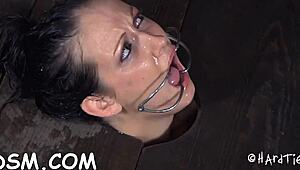 Brunette slave delights her slit with sexy toy in BDSM scene
