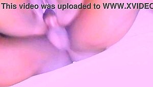 Slim pussy so tight and sweet, she licks her big cock solo.