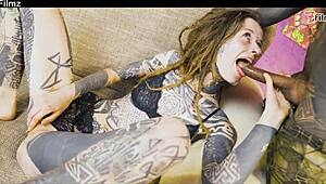 tattoed couple hard fucking and anal play - anal sloppy blowjob rough goth punk alt porn zf038