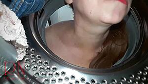Housewife slave fucked in the laundry machine by her master.
