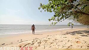 Caribean naked girl at the beach getting her ass touched by a stranger after shower