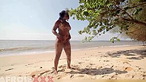 Caribean naked girl at the beach getting her ass touched by a stranger after shower