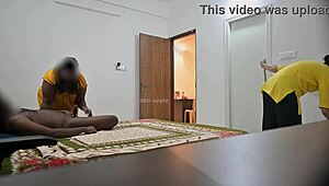 Maid performs deepthroat blowjob and gets hardcore pussy fucking while cleaning.