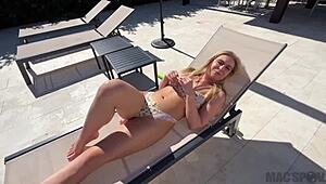 Petite blonde neighbor Krissy Knight is getting fucked outside by the pool.