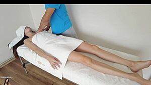 pervert masseur rubs her skin while husband waits