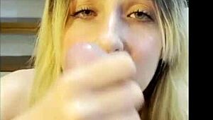 Petite blonde gives intense blowjob to stepfather in POV.