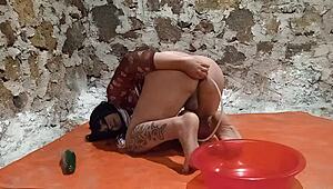 Ts Pee Play in Ass with Fruit on Toilet