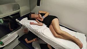 Horny teacher caught student jerking on train and licks pussy