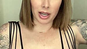 Paige in fishnets takes big black cock dildo, finishes with mouth