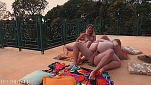 hey, 4some with busty redheads and hot blonde kissing