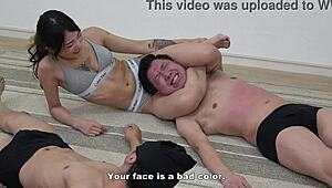 Japanese Mistress Sara Dominates with Camel Clutch in Wild Group Match!