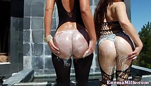 buttfucked enema babes squirt milk while pleasing a lucky cock in messy group