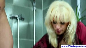 pissing fetish slut in a wild trio getting fucked doggystyle from behind like a total champ