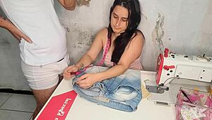 Married seamstress gets client rock hard with her tight wet pussy in action.