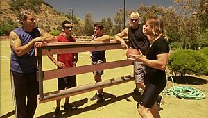 Eva Angelina deepthroats thick dick and fucks hard outdoors in fishnets