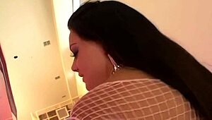 Brunette slut Natasha Nice takes a massive cock. She rides hard in stockings!