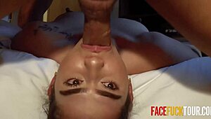 The big-lipped Latina lies on her back, deepthroating a fat cock in close-up POV.