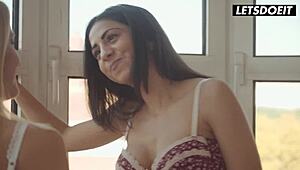Curious how sweet babes Sicilia and Julia share tender lesbian kisses?