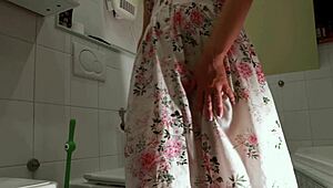 Hot mommy sneaks into toilet to ram big dildo deep inside!