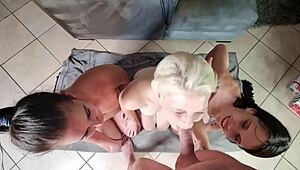 brunettes train blond slut to suck cock with gagging spit