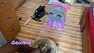 Ebony milf teases cuckold husband with feet in bedroom