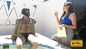 a hot mexican promotora seduces at a wild wedding party by the pool with steamy cuckold action.