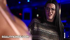 Stripper Baby Gemini strokes Scott's monster cock and rides it next to his girlfriend