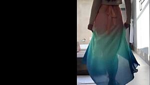 Amateur Mature Woman Dancing Outdoor In Cosplay Skirt, Small Tits Exposed