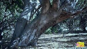 Two Naughty Angels Share Sensual Sex by Tree in Forest