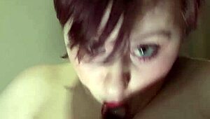 Titfuck and dildo suck with amateurs licking and spitting