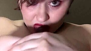 Titfuck and dildo suck with amateurs licking and spitting