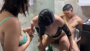 I fuck my neighbor and stepsister in the shower, bending her over for doggystyle.