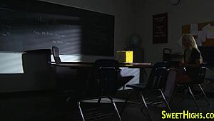 Watch this blonde coed in uniform give a handjob and ride for a cumshot