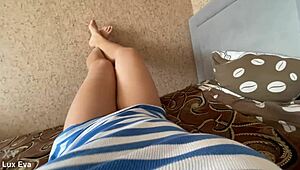 Pantyless milf caresses her wet pussy to orgasm in solo missionary slutty session