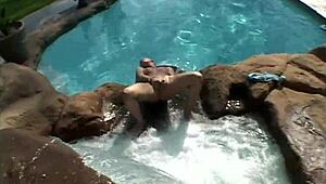 Blonde teen Little Summer fingers small tits at pool with amateur lesbian partner