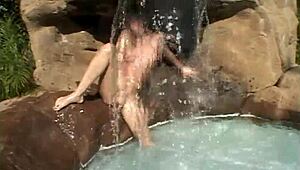 Blonde teen Little Summer fingers small tits at pool with amateur lesbian partner