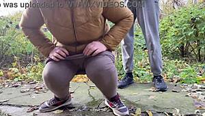 Depraved curvy milf squats in leggings to piss outdoors!