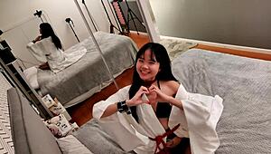 Hey, why not watch this girl in white kimono get taken by a stud? Ever seen such charm?