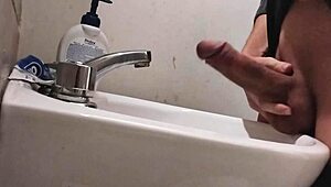 resting balls on sink, getting huge cock ready for massive cumshot!