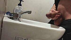 resting balls on sink, getting huge cock ready for massive cumshot!
