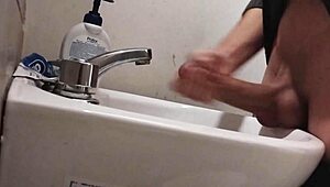 resting balls on sink, getting huge cock ready for massive cumshot!