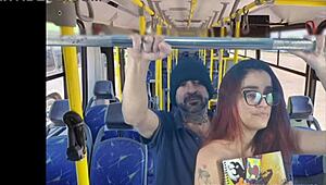Pretty redhead student gets groped by a stranger on a public bus.