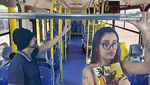 Pretty redhead student gets groped by a stranger on a public bus.