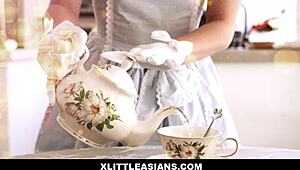 asian teen kimmy kim in cute dress plays tea time. david lee bangs her from behind with clothes on.